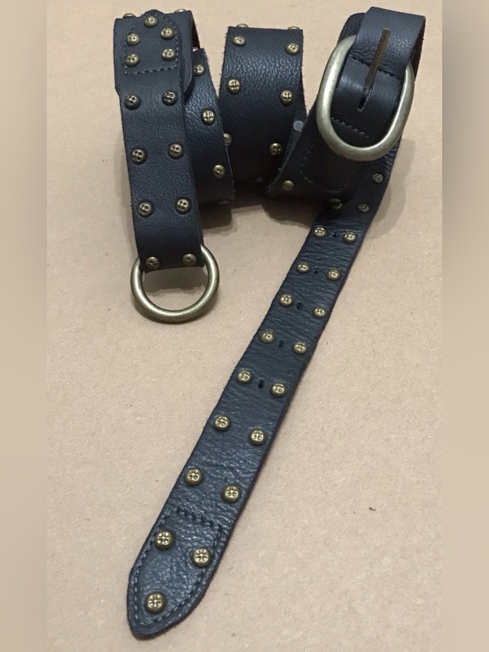 Free People Black Leather Belt Brass Buckle Studded Boho Western One size